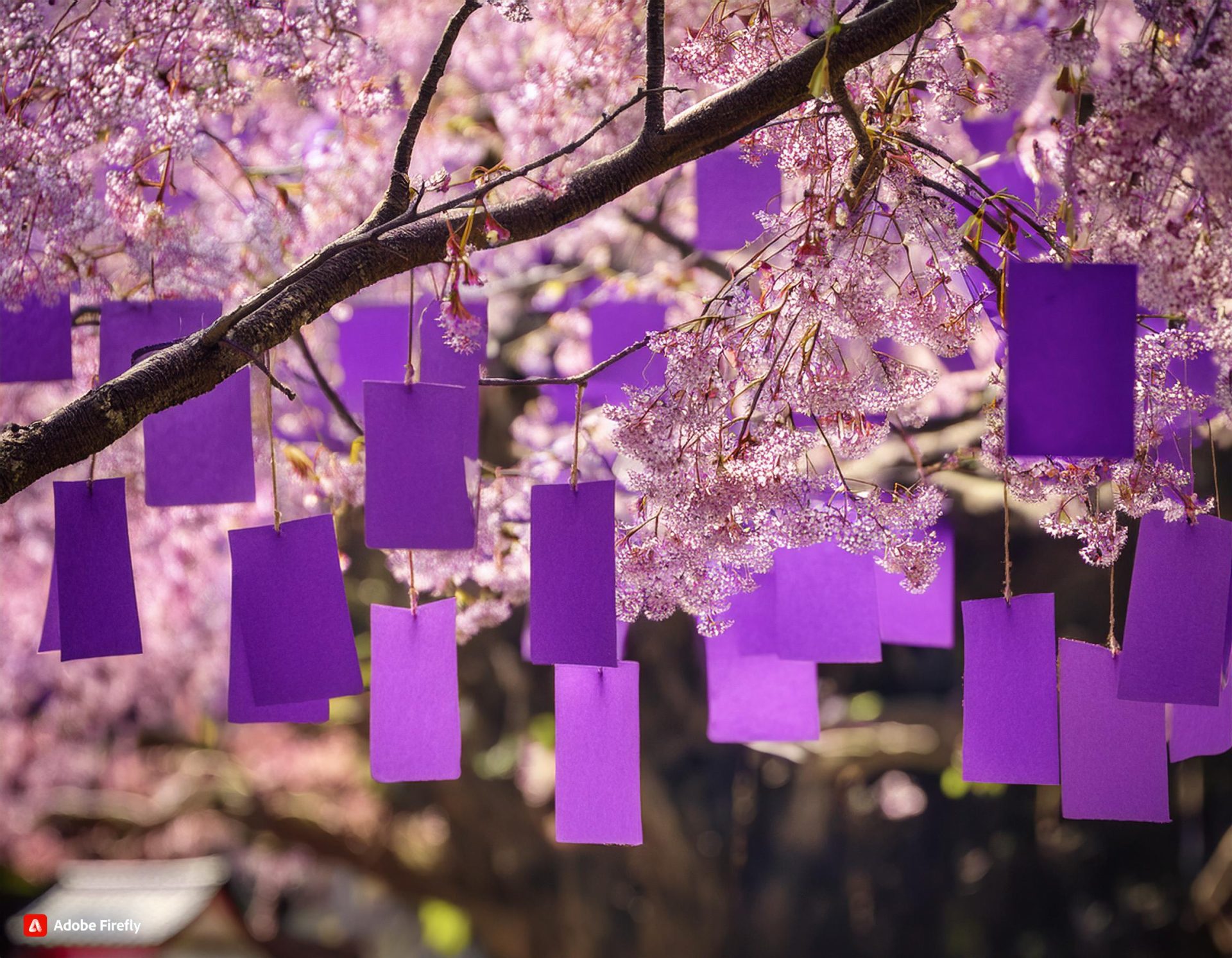 Foto di biglietti viola appesi ai rami degli alberi